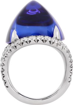 AGL Certified Tanzanite and diamond ring in 18k white gold. 48.32 carat sugarloaf cabochon cut tanzanite and 2.47 carats in diamonds (E-F color, VS clarity).
