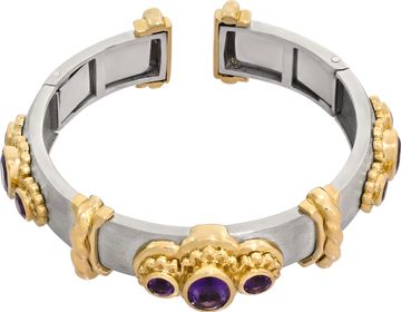 Amethyst bangle in 18k yellow gold and stainless steel