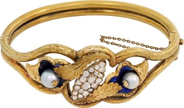Antique Pearl and Diamond Bangle in 18k yellow gold Bracelet Collection