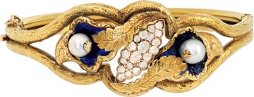 Antique Pearl and Diamond Bangle in 18k yellow gold