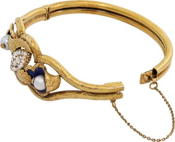 Antique Pearl and Diamond Bangle in 18k yellow gold