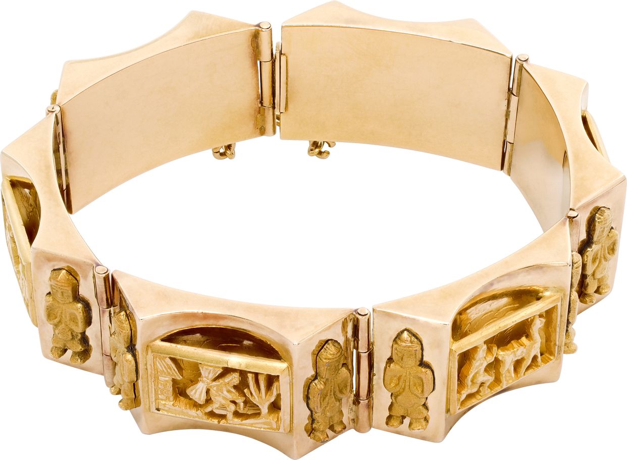 Antique storyteller panel link bracelet with Andean indigenous