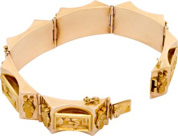 Antique storyteller panel link bracelet with Andean indigenous people in 18k yellow gold