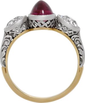 Antique three stone ruby and diamond ring crafted in 18k yellow gold