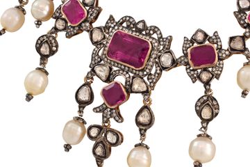 Amethyst, Pearl and Diamond necklace in 14k yellow gold and silver