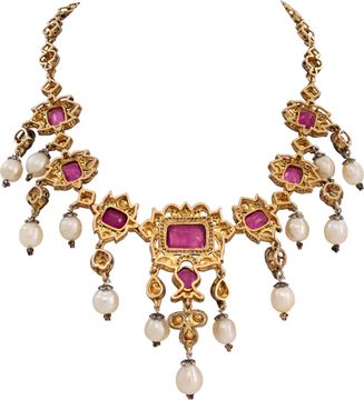 Amethyst, Pearl and Diamond necklace in 14k yellow gold and silver