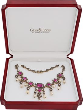 Amethyst, Pearl and Diamond necklace in 14k yellow gold and silver