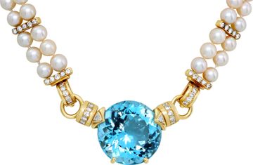 Aquamarine and Diamond Necklace with Double Pearl Strand in 18K Yellow Gold
