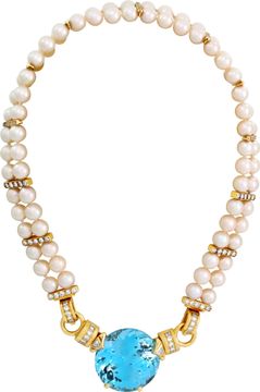 Aquamarine and Diamond Necklace with Double Pearl Strand in 18K Yellow Gold