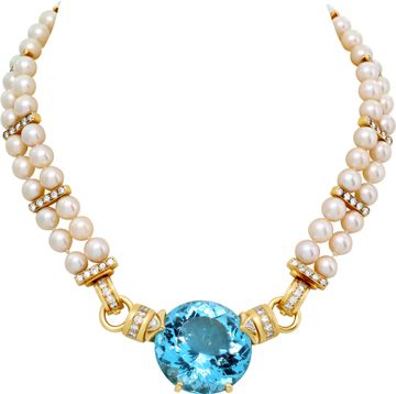 Aquamarine and Diamond Necklace with Double Pearl Strand in 18K Yellow Gold