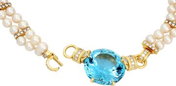Aquamarine and Diamond Necklace with Double Pearl Strand in 18K Yellow Gold