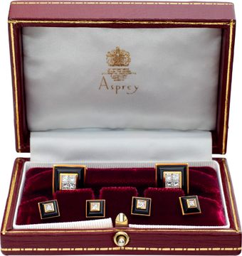 Asprey diamond and onyx cufflinks and 4 piece stud set in 18k yellow gold