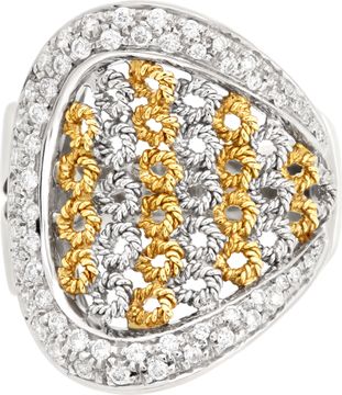 Basket weave ring with surrounding pave diamonds in 18k white and yellow gold