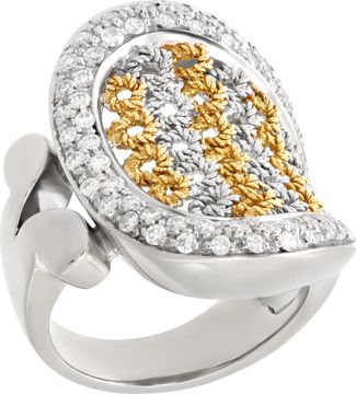 Basket weave ring with surrounding pave diamonds in 18k white and yellow gold