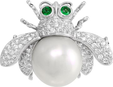 Bee pin/brooch with pearl, emeralds, and diamonds in 18k white gold Bee pin/brooch with pearl, emeralds, and diamonds in 18k white gold