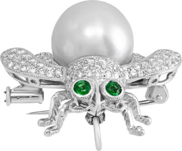 Bee pin/brooch with pearl, emeralds, and diamonds in 18k white gold