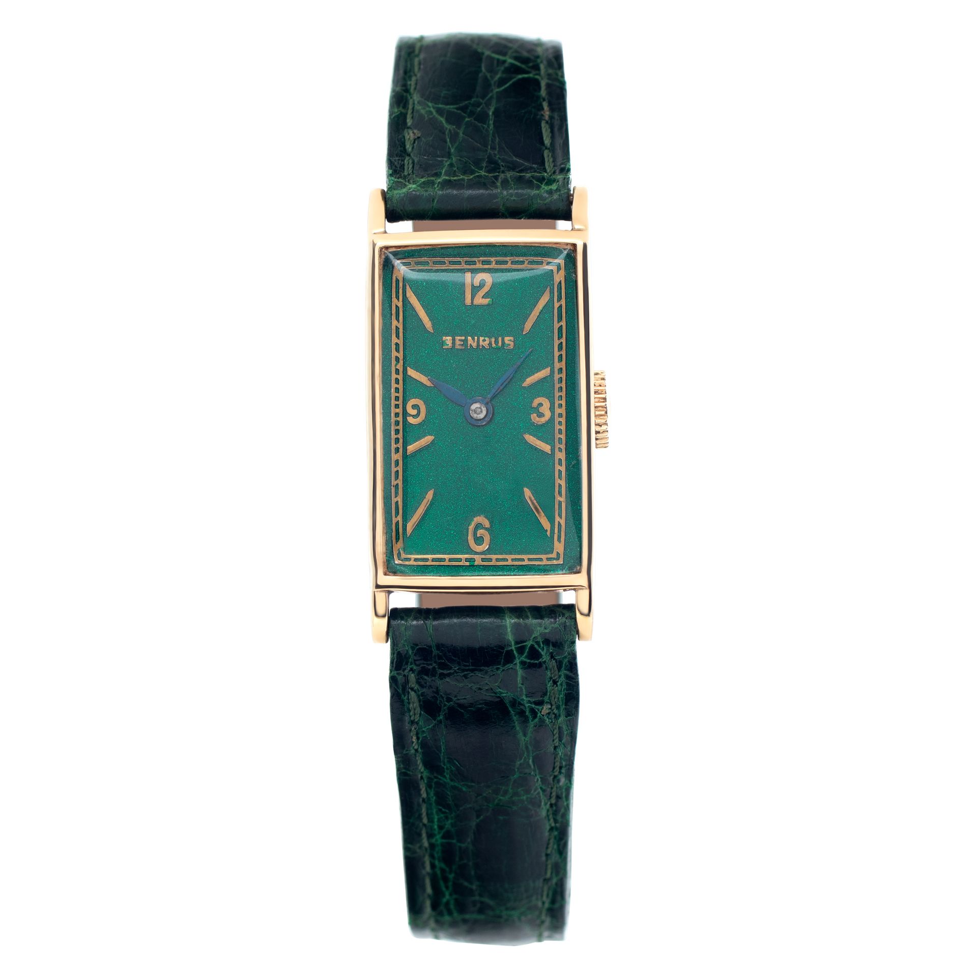VINTAGE BENRUS ORNATE MECHANICAL TANK WATCH VASELINE GREEN FLUORESCENT UNISEX Vintage Benrus Ladies Mechanical Gold Tone Swiss Watch Give  main image 3
