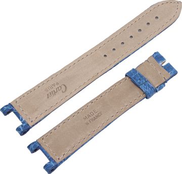 Blue Cartier Pasha Alligator Strap 18mm x 16mm. Long end: 4.5 inches. Short End 3.25 inches. For Tang Buckle.