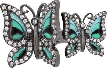 Butterfly ring in 14k gold black rhodium finish with diamonds and blue enamel
