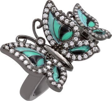 Butterfly ring in 14k gold black rhodium finish with diamonds and blue enamel