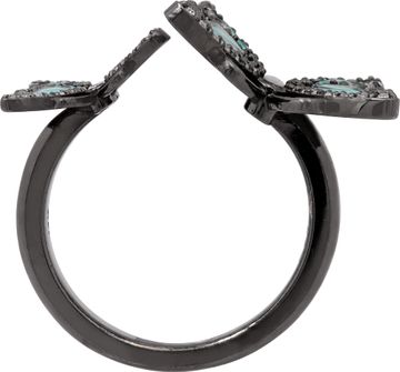 Butterfly ring in 14k gold black rhodium finish with diamonds and blue enamel