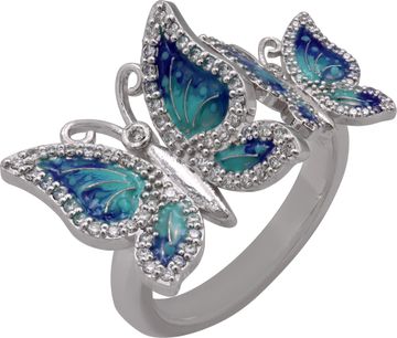 Butterfly Ring in 14k white gold with diamonds and blue enamel