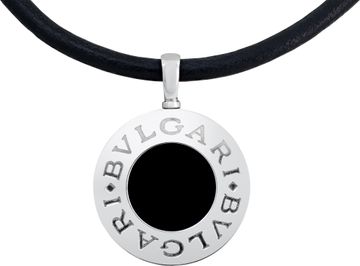 Bvlgari mother of pearl and onyx pendant in 18k and stainless steel on a black cord necklace.