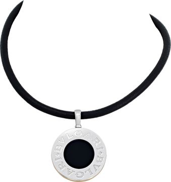 Bvlgari mother of pearl and onyx pendant in 18k and stainless steel on a black cord necklace.