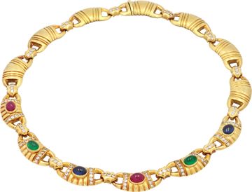 Cabochon Ruby, Emerald, and Sapphire Necklace w/ Diamond Accents in 18k
