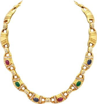 Cabochon Ruby, Emerald, and Sapphire Necklace w/ Diamond Accents in 18k