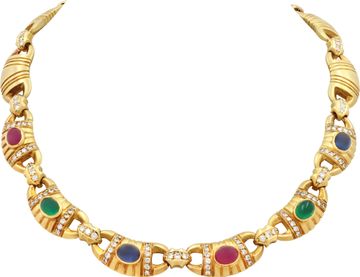 Cabochon Ruby, Emerald, and Sapphire Necklace w/ Diamond Accents in 18k