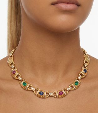 Cabochon ruby, emerald, and sapphire necklace with diamond accents, all beautifully mounted in 18k yellow gold Necklace Collection
