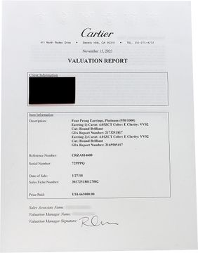 GIA. Cartier Round Diamond Studs Earrings 8.06 tcw. E - VVS2.  Platinum.
