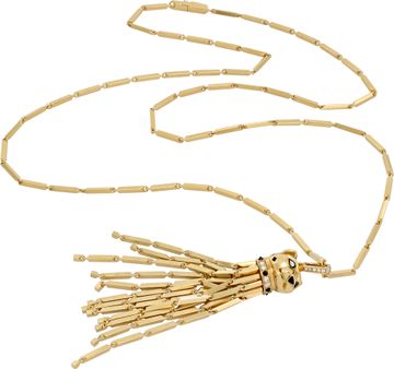 Cartier Panthere Long Tassel pendant necklace with diamonds and emerald eyes 18k