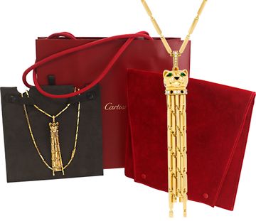 Cartier Panthere Long Tassel pendant necklace with diamonds and emerald eyes 18k Cartier Panthere Long Tassel pendant chain, necklace with diamonds and emerald eyes 18k.
