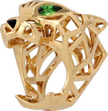 Cartier Panthere ring in 18k yellow gold with green tsavorite eyes and onyx nose