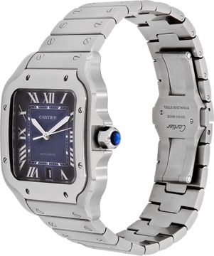 Cartier Santos 39mm in stainless steel with a metallic blue dial
