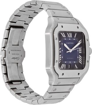 Cartier Santos 39mm in stainless steel with a metallic blue dial