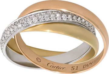 Cartier Trinity Ring in 18k white, rose and yellow gold with the white gold band being pave diamonds Ring Collection