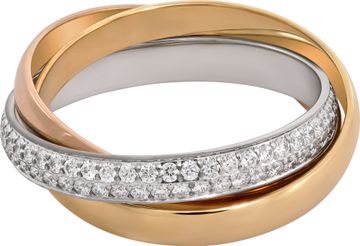 Cartier Trinity Ring in 18k white, rose and yellow gold with the white gold band being pave diamonds