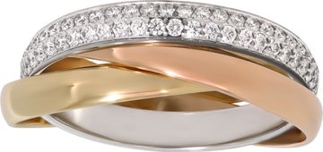 Cartier Trinity Ring in 18k white, rose and yellow gold with the white gold band being pave diamonds
