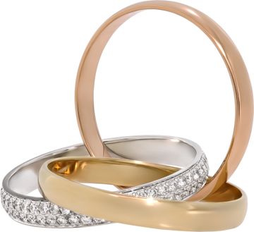 Cartier Trinity Ring in 18k white, rose and yellow gold with the white gold band being pave diamonds