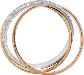 Cartier Trinity Ring in 18k white, rose and yellow gold with the white gold band being pave diamonds