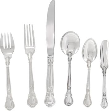 CHANTILLY sterling flatware set patented in 1895 by Gorham. 61 TOTAL PIECES. 6 place setting for 10 with 12 serving pieces. Sterling Silver Collection