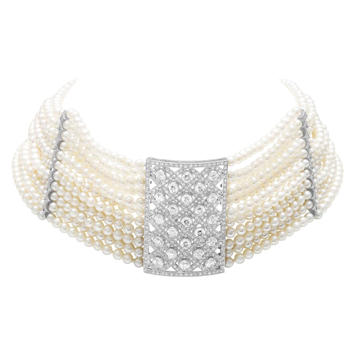 Chocker necklace seed pearls with approx. 3 cts in diamonds
