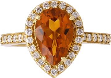 Citrine and diamond ring in 18k yellow gold with approximately 1.50 carat central pear shaped Citrine surrounded by 0.40 carats in round diamonds. Citrine and diamond ring in 18k yellow gold with approximately 1.50 carat central pear shaped Citrine surrounded by 0.40 carats in round diamonds. Ring Collection