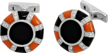 Cufflinks with onyx, coral & diamonds in 18k white gold