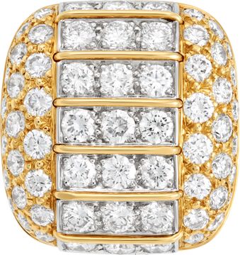 Cushion diamond cocktail ring in 18k with over 5.00 carats round cut brilliant diamonds: G-H color, VVS-VS clarity. Size 6.