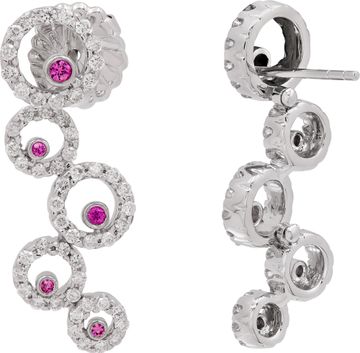 Dangling diamonds halo circle earrings in 14k white gold
