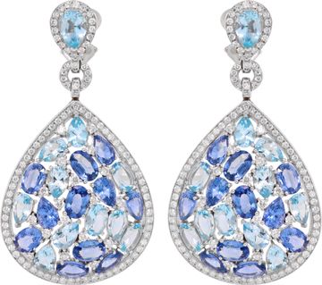 Dangling earrings in 18k white gold with blue sapphires, aquamarines and diamonds